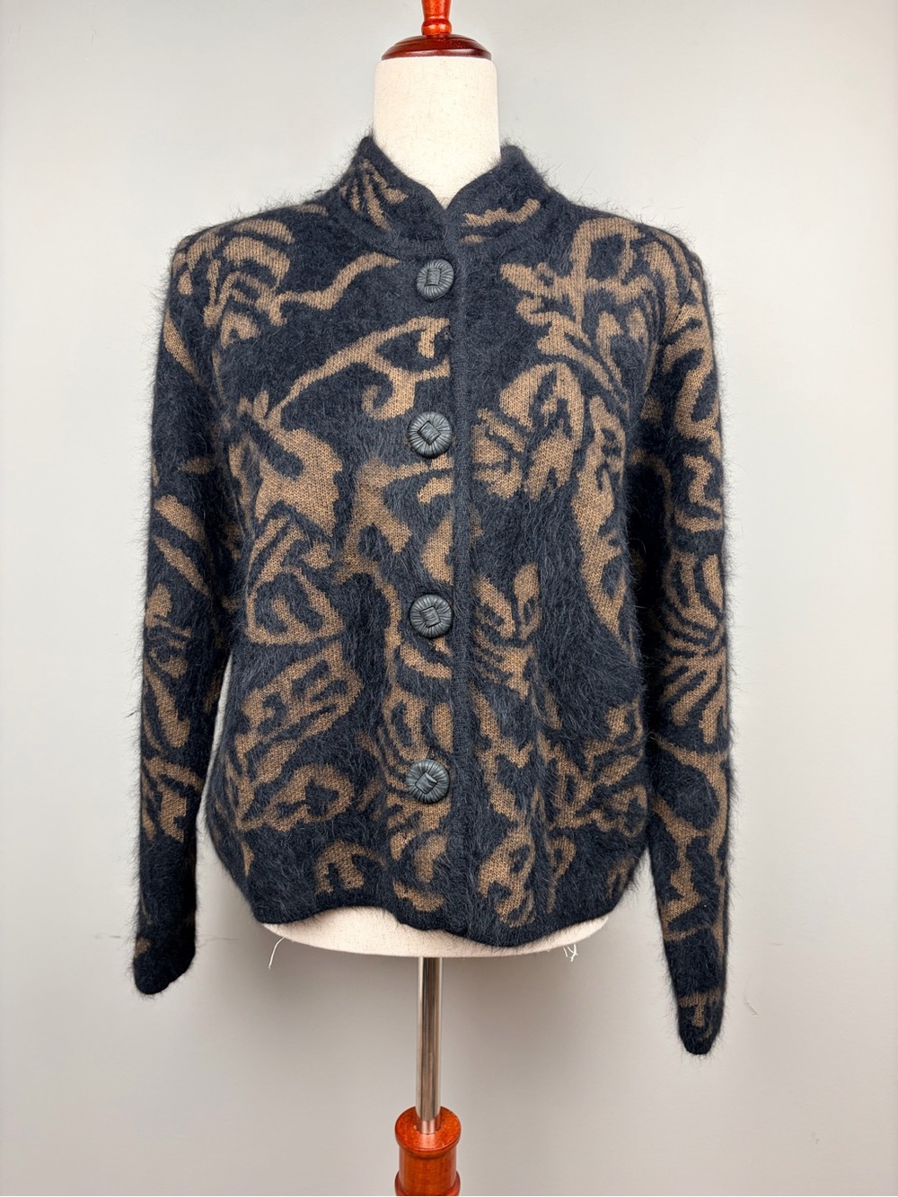 Vintage‎ Venesha Angora Cardigan Women S Black Brown Abstract Shoulder Pads